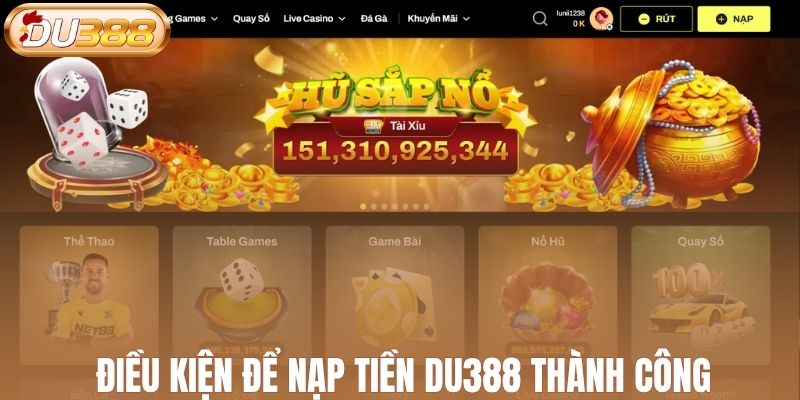 Điều kiện cần đáp ứng để nạp tiền DU388 thành công